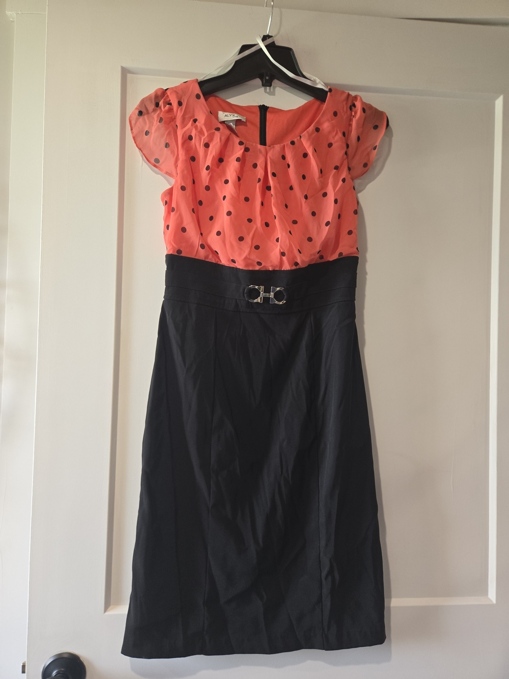 Coral Polka Dot Midi Sheath Dress with Black Skirt